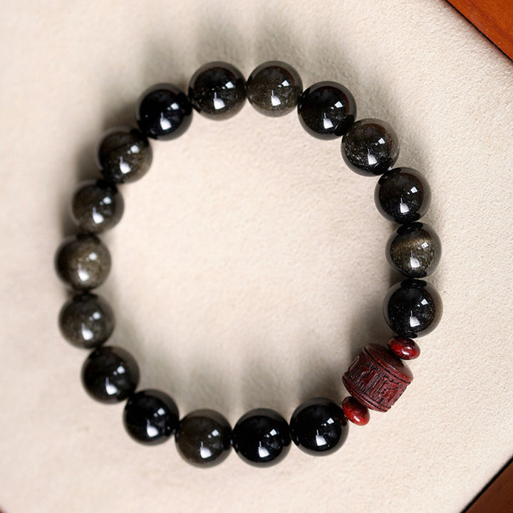 Buddha Stones Natural Gold Sheen Obsidian Rainbow Obsidian Om Mani Padme Hum Fu Character Healing Bracelet - image 4