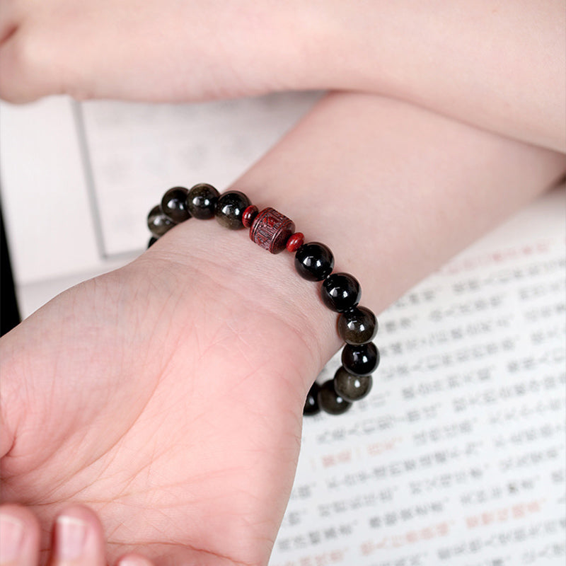 Buddha Stones Natural Gold Sheen Obsidian Rainbow Obsidian Om Mani Padme Hum Fu Character Healing Bracelet - image 10
