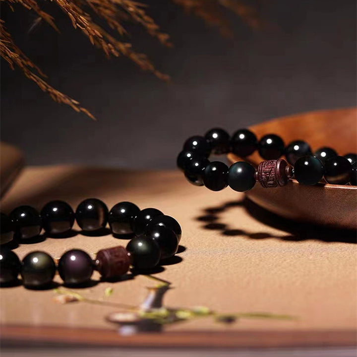 Buddha Stones Natural Gold Sheen Obsidian Rainbow Obsidian Om Mani Padme Hum Fu Character Healing Bracelet - image 34