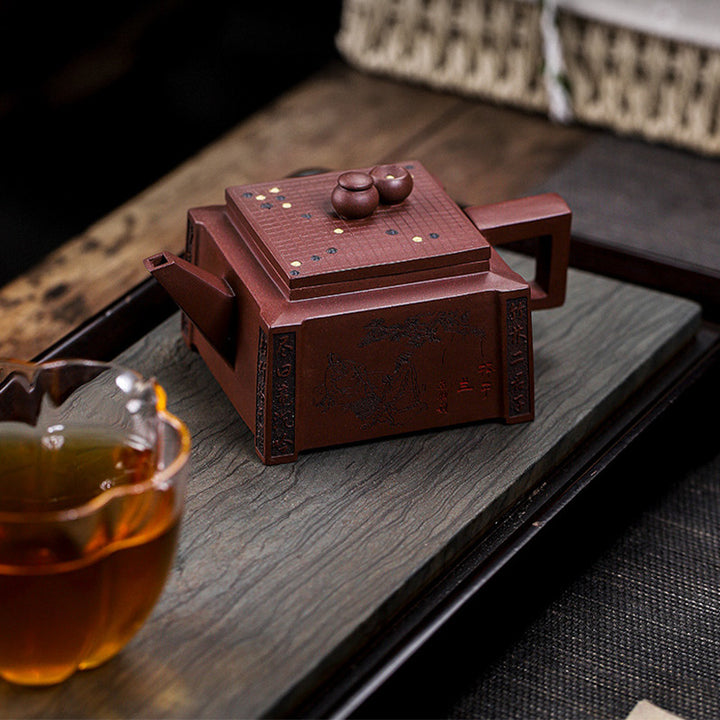 Buddha Stones Yixing All Handmade Gomoku Playing Chess Purple Clay Kung Fu Square Teapot 280ml - image 26