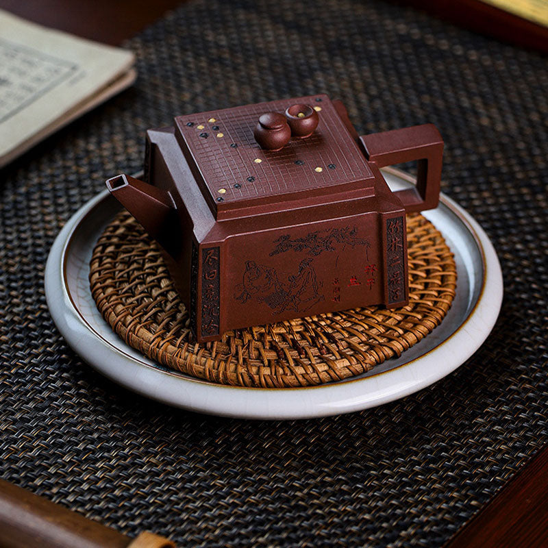 Buddha Stones Yixing All Handmade Gomoku Playing Chess Purple Clay Kung Fu Square Teapot 280ml - 14.5cm*6cm*280ml - image 0