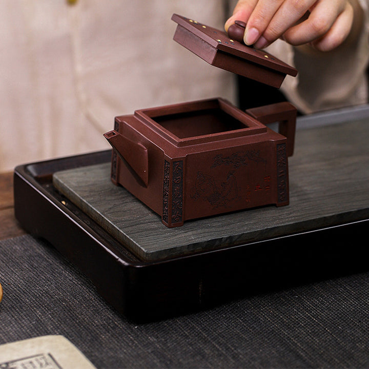 Buddha Stones Yixing All Handmade Gomoku Playing Chess Purple Clay Kung Fu Square Teapot 280ml - image 7