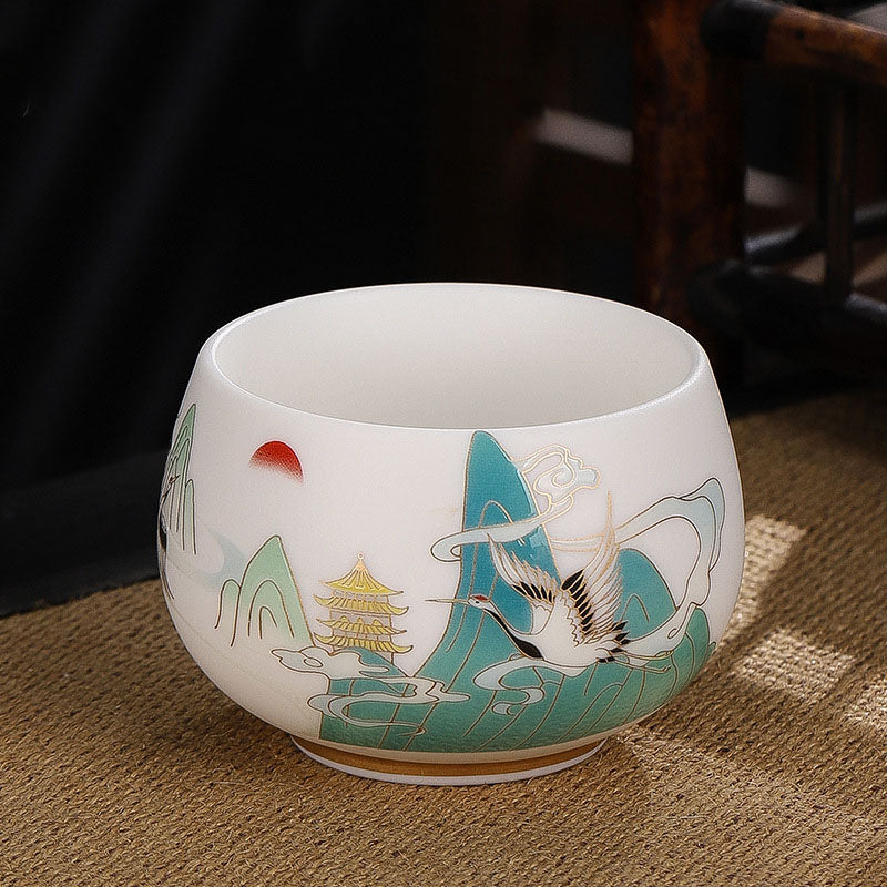 Buddha Stones Dragon Cicada Bamboo Deer Crane Lotus Plum Flower Ceramic Teacup Kung Fu Tea Cup Bowl 185ml - Auspicious Clouds Crane 8.5cm*5.5cm*185ml - image 12