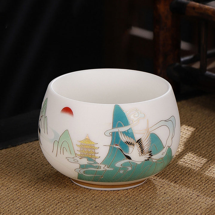 Buddha Stones Dragon Cicada Bamboo Deer Crane Lotus Plum Flower Ceramic Teacup Kung Fu Tea Cup Bowl 185ml - Auspicious Clouds Crane 8.5cm*5.5cm*185ml - image 12