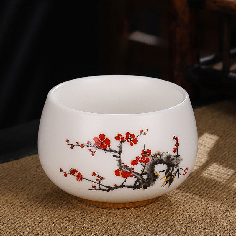 Buddha Stones Dragon Cicada Bamboo Deer Crane Lotus Plum Flower Ceramic Teacup Kung Fu Tea Cup Bowl 185ml - Red Plum Blossom 8.5cm*5.5cm*185ml - image 15