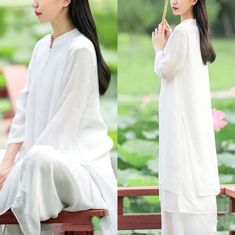 Buddha Stones 2Pcs White Tai Chi Meditation Yoga Zen Cotton Linen Clothing Top Pants Women's Set - image 12