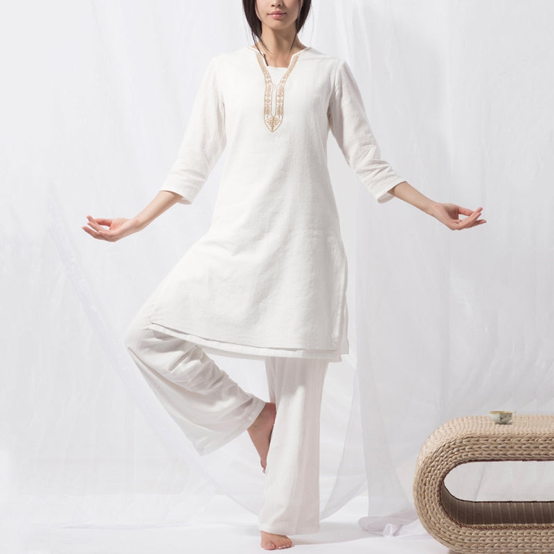 Buddha Stones 2Pcs Tai Chi Meditation Yoga Cotton Clothing Top Pants Women's Set - White(Top&Pants) - US8-10，UK/AU12-14，EU40-42 (2XL) - image 0