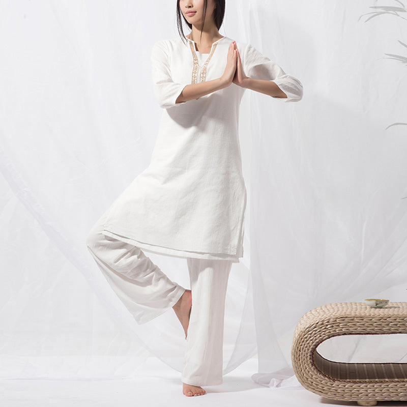 Buddha Stones 2Pcs Tai Chi Meditation Yoga Cotton Clothing Top Pants Women's Set - image 1