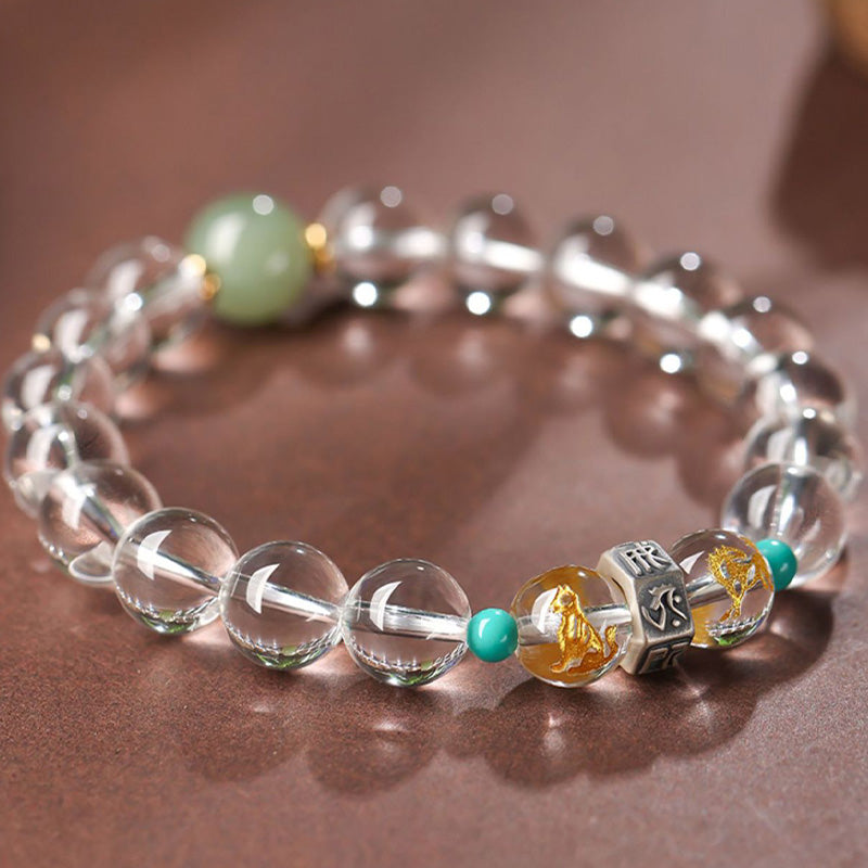 Buddha Stones 925 Sterling Silver Chinese Zodiac Natal Buddha Auspicious Groups White Crystal Hetian Jade Healing Bracelet - Pig Auspicious Groups: Pig/Rabbit/Goat - 12mm(Wrist Circumference 14-16cm) - image 1
