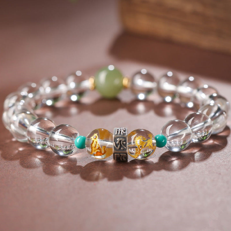Buddha Stones 925 Sterling Silver Chinese Zodiac Natal Buddha Auspicious Groups White Crystal Hetian Jade Healing Bracelet - image 7