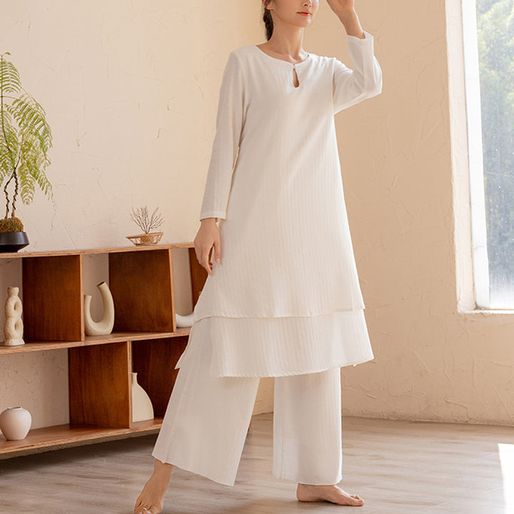 Buddha Stones 2Pcs Simple Design Tai Chi Meditation Yoga Clothing Top Pants Women's Set - White(Top&Pants) - US14，UK/AU18，EU46 (2XL)  - image 0
