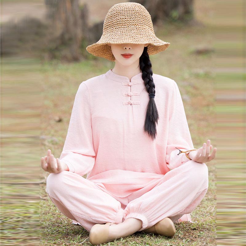 Buddha Stones 2Pcs Plain Design Top Pants Meditation Yoga Zen Tai Chi Cotton Linen Clothing Women's Set - image 1