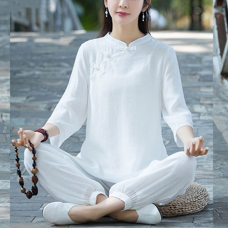 Buddha Stones 2Pcs Plain Design Top Pants Meditation Yoga Zen Tai Chi Cotton Linen Clothing Women's Set - White Chinese Frog Button(Top&Pants) - US8-10，UK/AU12-14，EU40-42 (2XL) - image 25