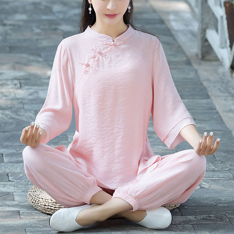 Buddha Stones 2Pcs Plain Design Top Pants Meditation Yoga Zen Tai Chi Cotton Linen Clothing Women's Set - Pink Chinese Frog Button(Top&Pants) - US8-10，UK/AU12-14，EU40-42 (2XL) - image 26