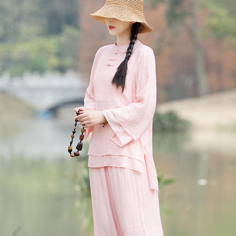 Buddha Stones 2Pcs Plain Design Top Pants Meditation Yoga Zen Tai Chi Cotton Linen Clothing Women's Set - image 2