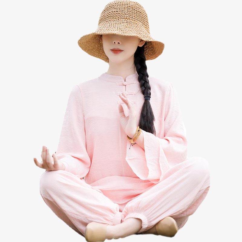 Buddha Stones 2Pcs Plain Design Top Pants Meditation Yoga Zen Tai Chi Cotton Linen Clothing Women's Set - image 15
