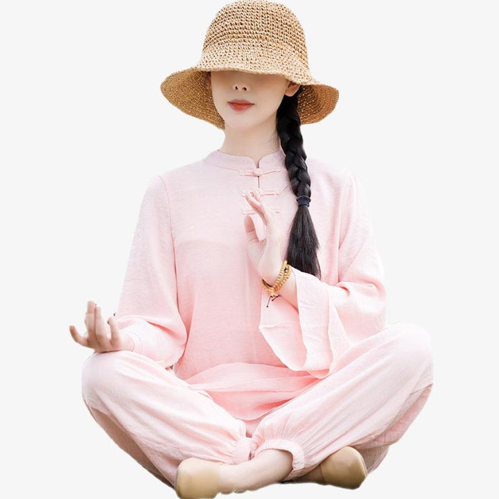 Buddha Stones 2Pcs Plain Design Top Pants Meditation Yoga Zen Tai Chi Cotton Linen Clothing Women's Set - image 15