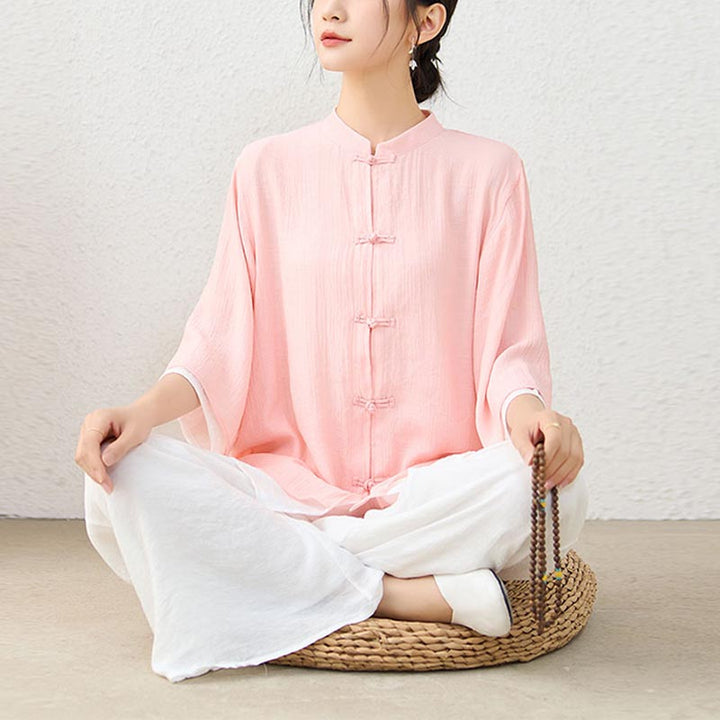 Buddha Stones 2Pcs Simple Chinese Frog Button Design Top Pants Meditation Yoga Zen Tai Chi Cotton Clothing Women's Set - Pink Top&White Pants - US12，UK/AU16，EU44 (2XL) - image 0