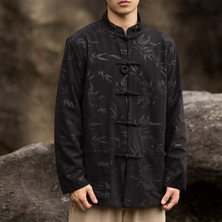 Buddha Stones Bamboo Leaves Clothing Chinese Tang Suit Jacket Coat Men Clothing - Black(Top Only) - US/UK/AU46，EU56 (5XL)  - image 5