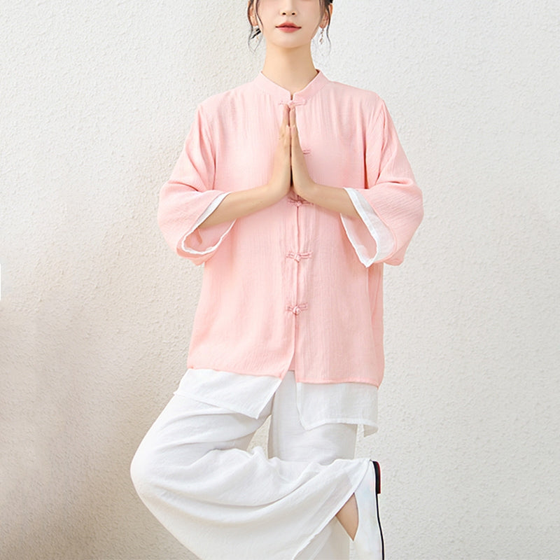 Buddha Stones 2Pcs Simple Chinese Frog Button Design Top Pants Meditation Yoga Zen Tai Chi Cotton Clothing Women's Set - image 3