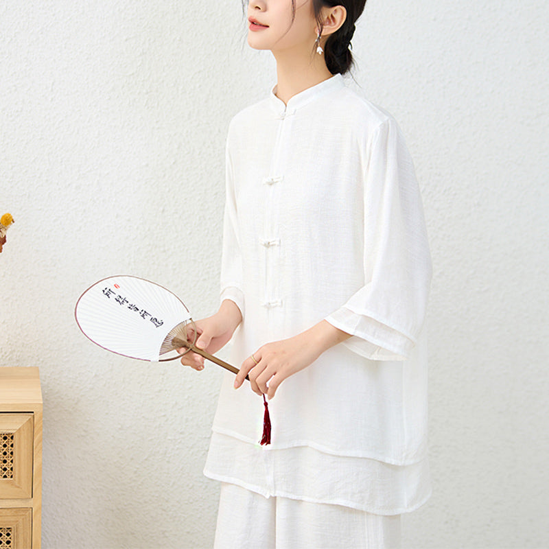 Buddha Stones 2Pcs Simple Chinese Frog Button Design Top Pants Meditation Yoga Zen Tai Chi Cotton Clothing Women's Set - image 16