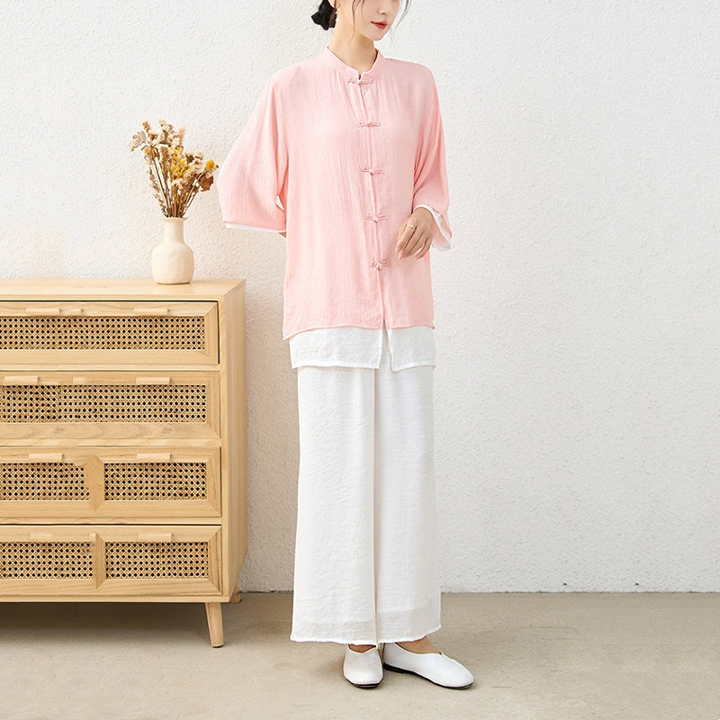 Buddha Stones 2Pcs Simple Chinese Frog Button Design Top Pants Meditation Yoga Zen Tai Chi Cotton Clothing Women's Set - image 6