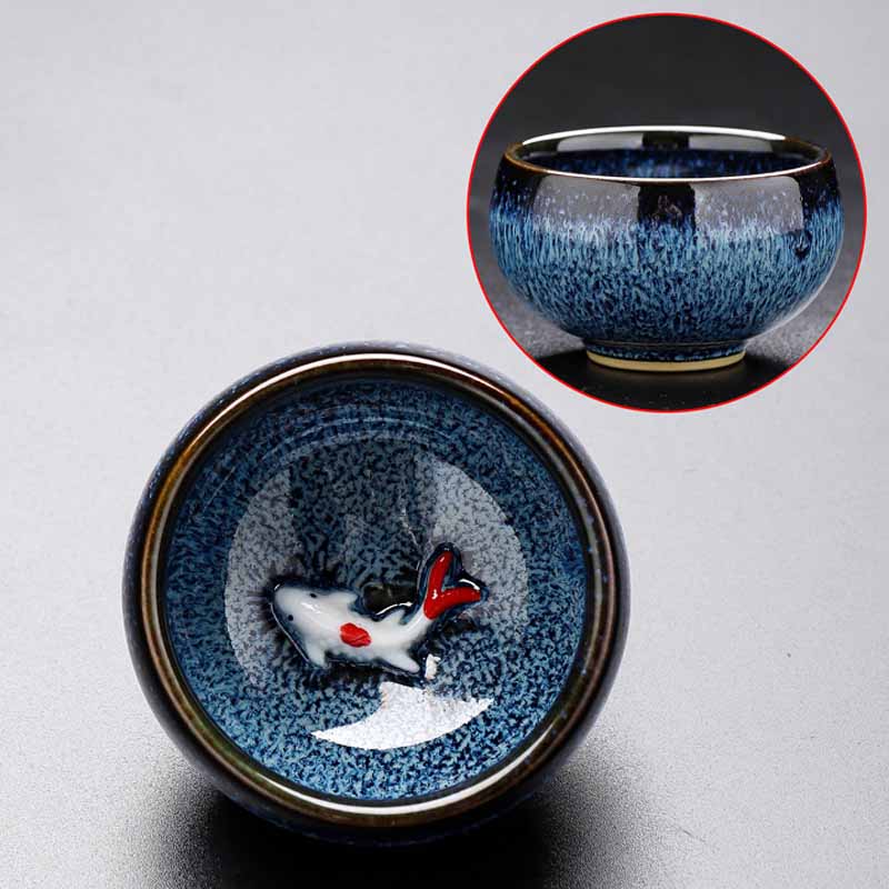 Buddha Stones Small Koi Fish Kiln Change Chinese Jianzhan Ceramic Teacup Kung Fu Tea Cup 60ml - Dark Blue 6.6cm*4.2cm*60ml - image 9