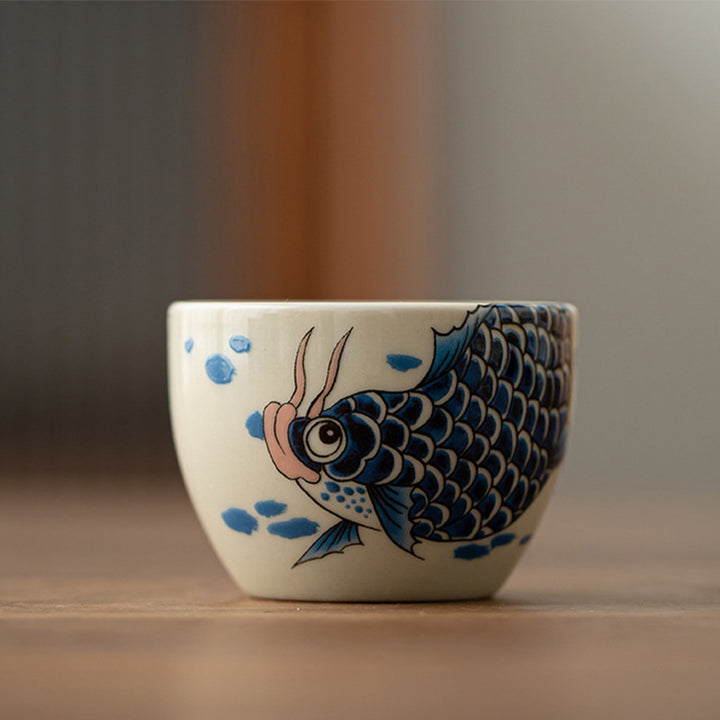 Buddha Stones Koi Fish Arowana Peony Sunflower Ceramic Teacup Kung Fu Tea Cup 60ml - Blue Koi Fish Arowana 5.9cm*4.3cm*60ml - image 5