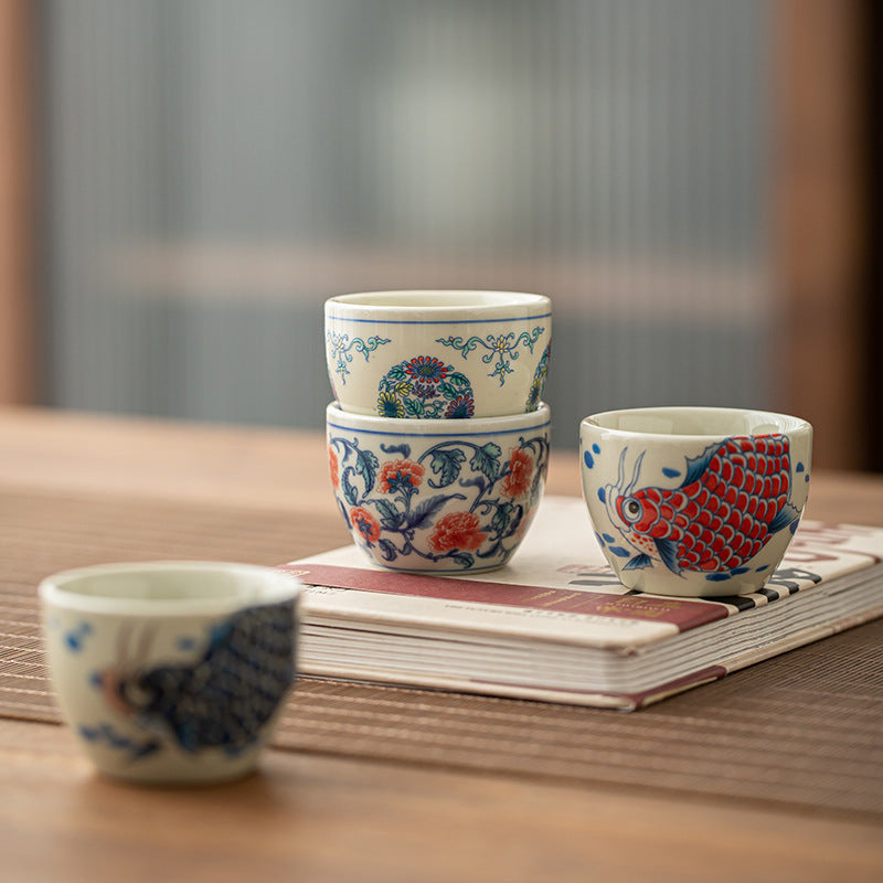 Buddha Stones Koi Fish Arowana Peony Sunflower Ceramic Teacup Kung Fu Tea Cup 60ml - image 1