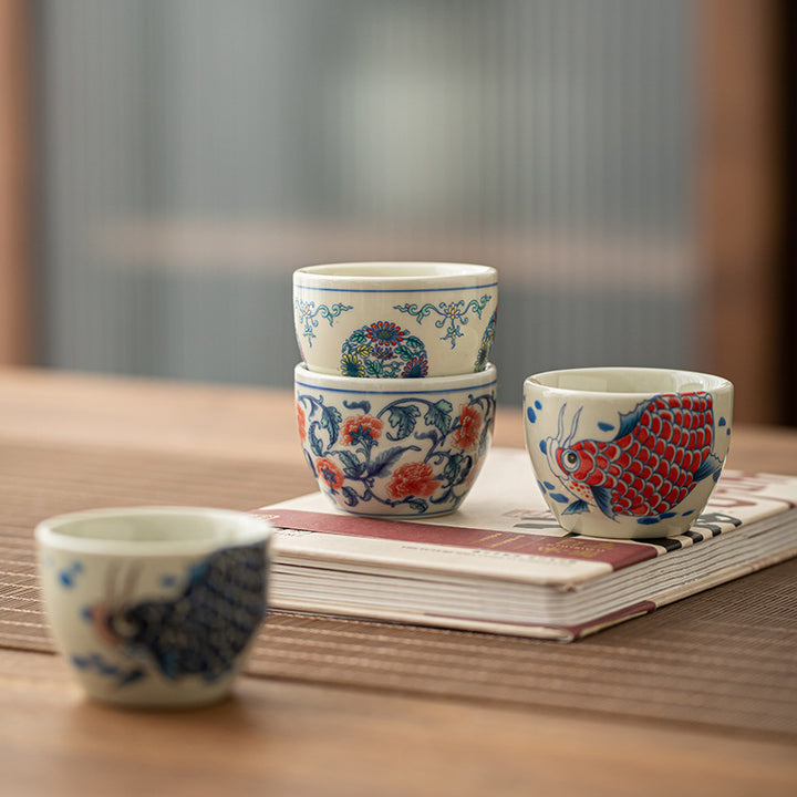 Buddha Stones Koi Fish Arowana Peony Sunflower Ceramic Teacup Kung Fu Tea Cup 60ml - image 1