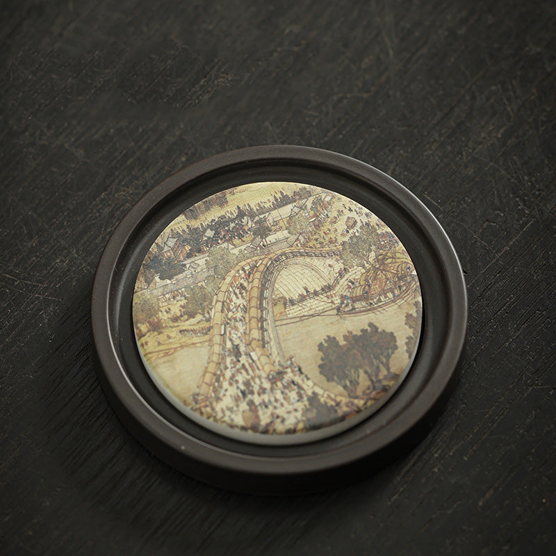 Buddha Stones Plum Blossom Peach Heart Sutra Loquat Magnolia Persimmon Ceramic Cup Mat Pad Coaster Kung Fu Tea Mat - Along the River During the Qingming Festival 7.9*1cm - image 13