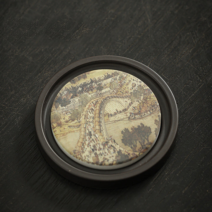 Buddha Stones Plum Blossom Peach Heart Sutra Loquat Magnolia Persimmon Ceramic Cup Mat Pad Coaster Kung Fu Tea Mat - Along the River During the Qingming Festival 7.9*1cm - image 13
