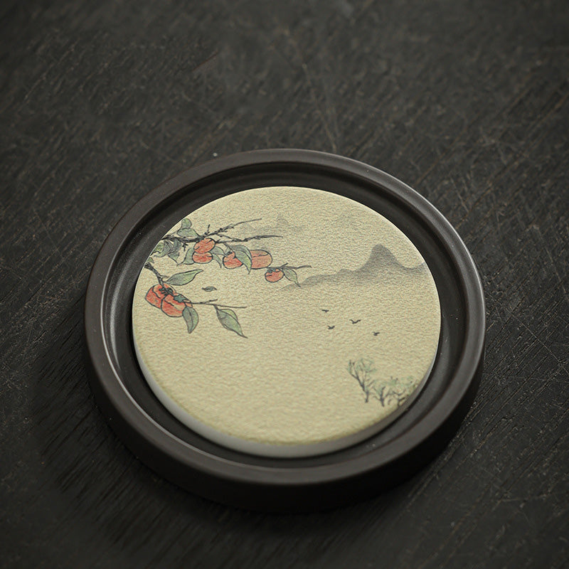 Buddha Stones Plum Blossom Peach Heart Sutra Loquat Magnolia Persimmon Ceramic Cup Mat Pad Coaster Kung Fu Tea Mat - Persimmon 7.9*1cm - image 11