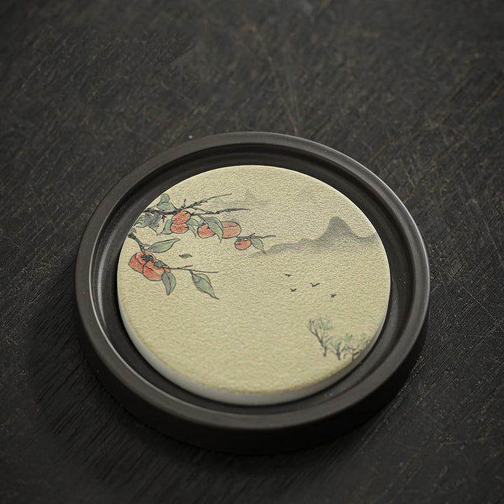 Buddha Stones Plum Blossom Peach Heart Sutra Loquat Magnolia Persimmon Ceramic Cup Mat Pad Coaster Kung Fu Tea Mat - Persimmon 7.9*1cm - image 11