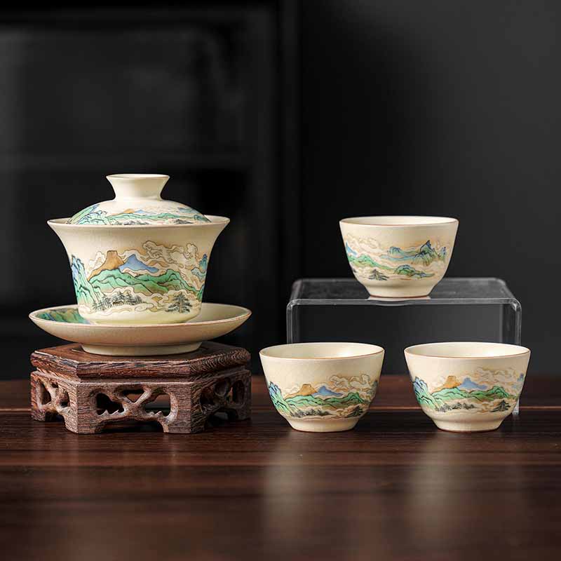 Buddha Stones A Panorama of Rivers and Mountains Flowers Ceramic Gaiwan Sancai Teacup Kung Fu Tea Cup And Saucer With Lid - 4PCS A Panorama of Rivers and Mountains(1PC 12cm*9cm*100ml&3PCS 6.5*4cm*40ml) - image 13