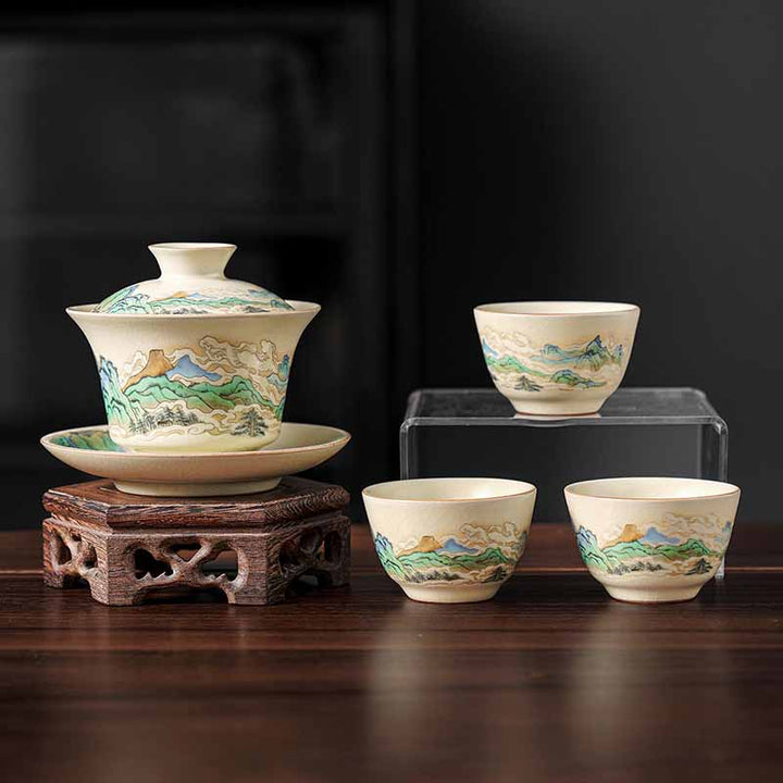 Buddha Stones A Panorama of Rivers and Mountains Flowers Ceramic Gaiwan Sancai Teacup Kung Fu Tea Cup And Saucer With Lid - 4PCS A Panorama of Rivers and Mountains(1PC 12cm*9cm*100ml&3PCS 6.5*4cm*40ml) - image 13