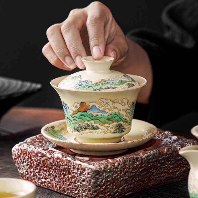Buddha Stones A Panorama of Rivers and Mountains Flowers Ceramic Gaiwan Sancai Teacup Kung Fu Tea Cup And Saucer With Lid - image 3