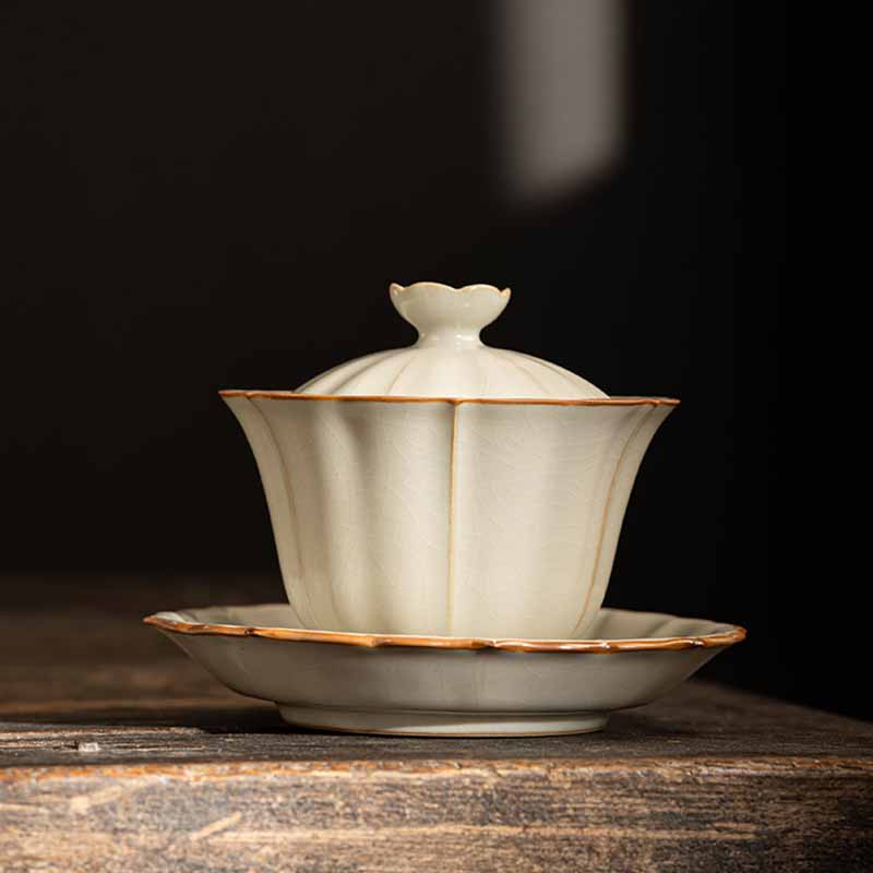 Buddha Stones Beige Plum Blossom Shape Peach Branch Ceramic Gaiwan Sancai Teacup Kung Fu Tea Cup With Lid - Beige Plum Blossom Shape 9.8cm*9.2cm*120ml - image 0