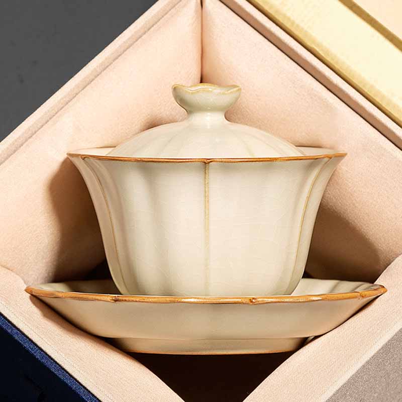 Buddha Stones Beige Plum Blossom Shape Peach Branch Ceramic Gaiwan Sancai Teacup Kung Fu Tea Cup With Lid - Beige Plum Blossom Shape With Gift Box - image 14