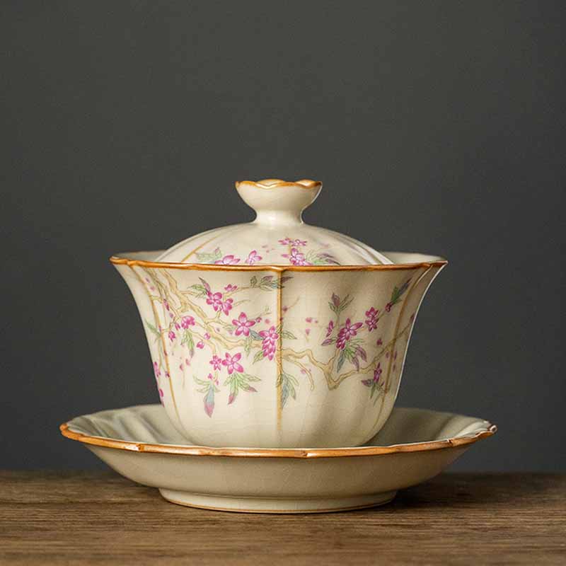 Buddha Stones Beige Plum Blossom Shape Peach Branch Ceramic Gaiwan Sancai Teacup Kung Fu Tea Cup With Lid - Peach Branch 9.8cm*9.2cm*120ml - image 17