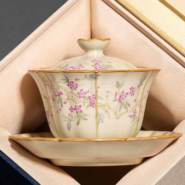 Buddha Stones Beige Plum Blossom Shape Peach Branch Ceramic Gaiwan Sancai Teacup Kung Fu Tea Cup With Lid - Peach Branch With Gift Box - image 18