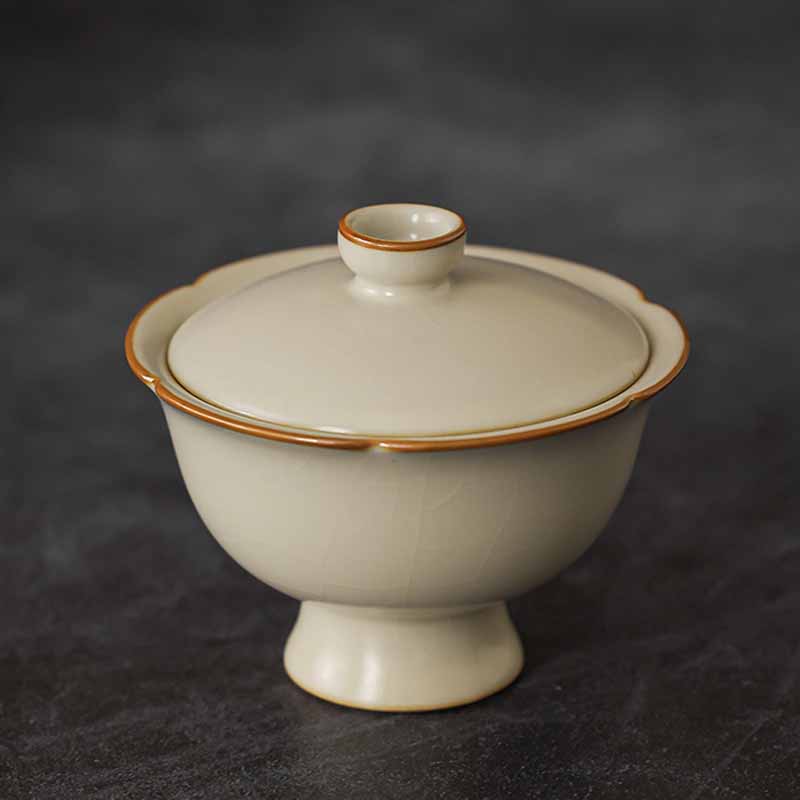 Buddha Stones Beige Plum Blossom Shape Peach Branch Ceramic Gaiwan Sancai Teacup Kung Fu Tea Cup With Lid - Beige Cup Bowl 8.4cm*7.2cm*100ml - image 19