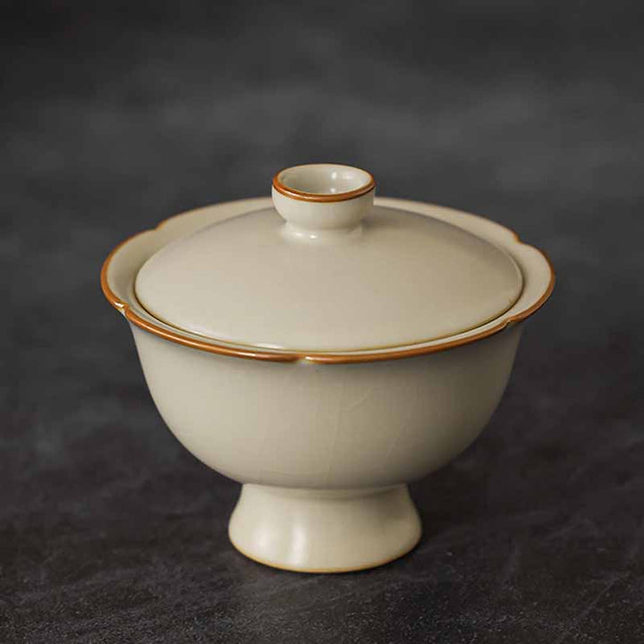 Buddha Stones Beige Plum Blossom Shape Peach Branch Ceramic Gaiwan Sancai Teacup Kung Fu Tea Cup With Lid - Beige Cup Bowl 8.4cm*7.2cm*100ml - image 19