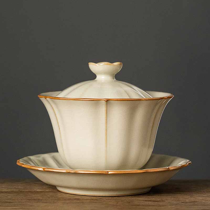 Buddha Stones Beige Plum Blossom Shape Peach Branch Ceramic Gaiwan Sancai Teacup Kung Fu Tea Cup With Lid - image 1