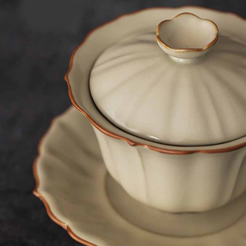 Buddha Stones Beige Plum Blossom Shape Peach Branch Ceramic Gaiwan Sancai Teacup Kung Fu Tea Cup With Lid - image 8