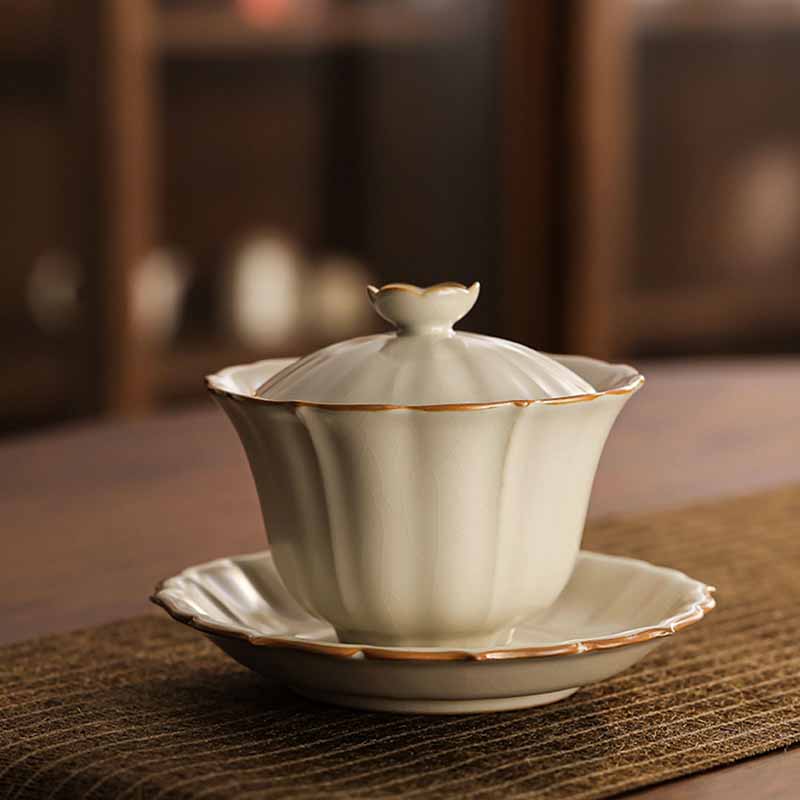 Buddha Stones Beige Plum Blossom Shape Peach Branch Ceramic Gaiwan Sancai Teacup Kung Fu Tea Cup With Lid - image 6