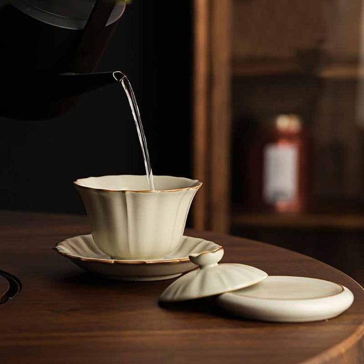 Buddha Stones Beige Plum Blossom Shape Peach Branch Ceramic Gaiwan Sancai Teacup Kung Fu Tea Cup With Lid - image 10