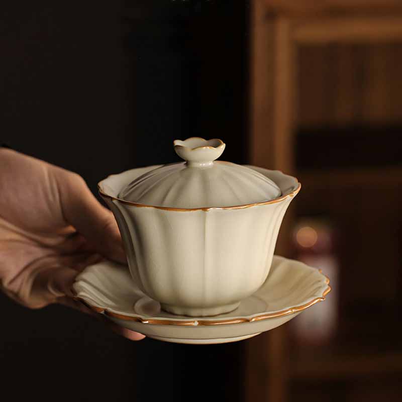 Buddha Stones Beige Plum Blossom Shape Peach Branch Ceramic Gaiwan Sancai Teacup Kung Fu Tea Cup With Lid - image 15