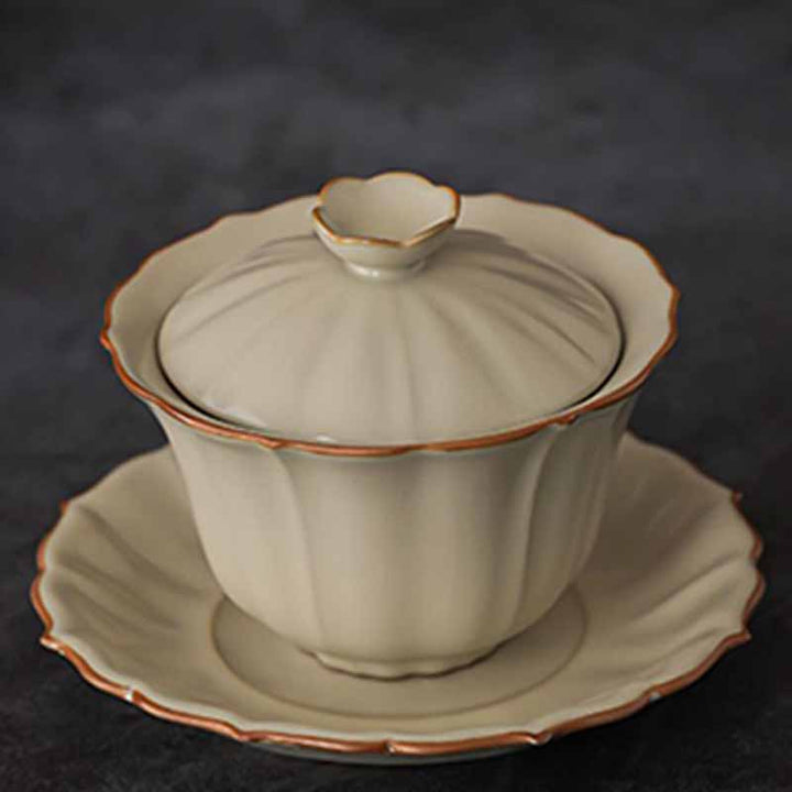 Buddha Stones Beige Plum Blossom Shape Peach Branch Ceramic Gaiwan Sancai Teacup Kung Fu Tea Cup With Lid - image 9