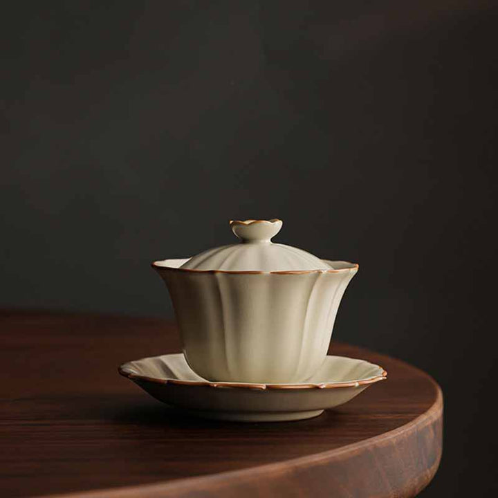 Buddha Stones Beige Plum Blossom Shape Peach Branch Ceramic Gaiwan Sancai Teacup Kung Fu Tea Cup With Lid - image 16